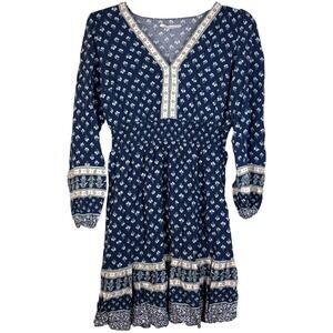 Womens M Mini Dress Navy Blue Floral Smocked Boho Peasant Prairie Cottagecore